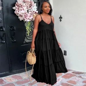 Women Plus Size Sexy Sling Pleated Dress Summer Solid Color