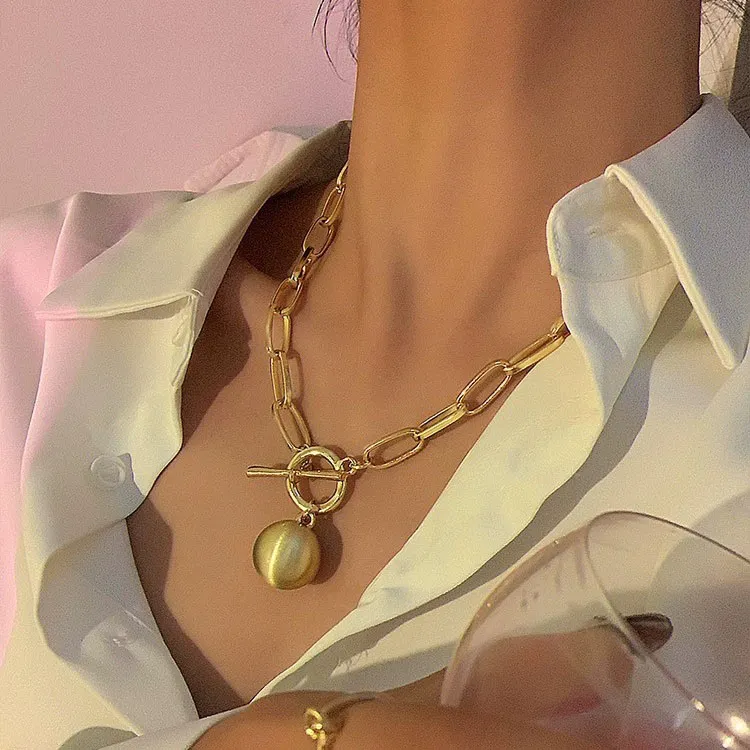 Fashion Women Hip Hop Metal Ball Pendant Thick Chain Necklace