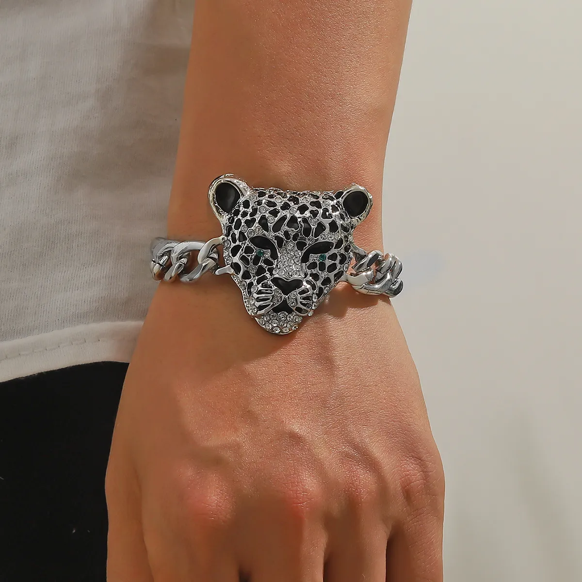 Men Fashion Casual Hip Hop Rhinestone Cheetah Bracelet
