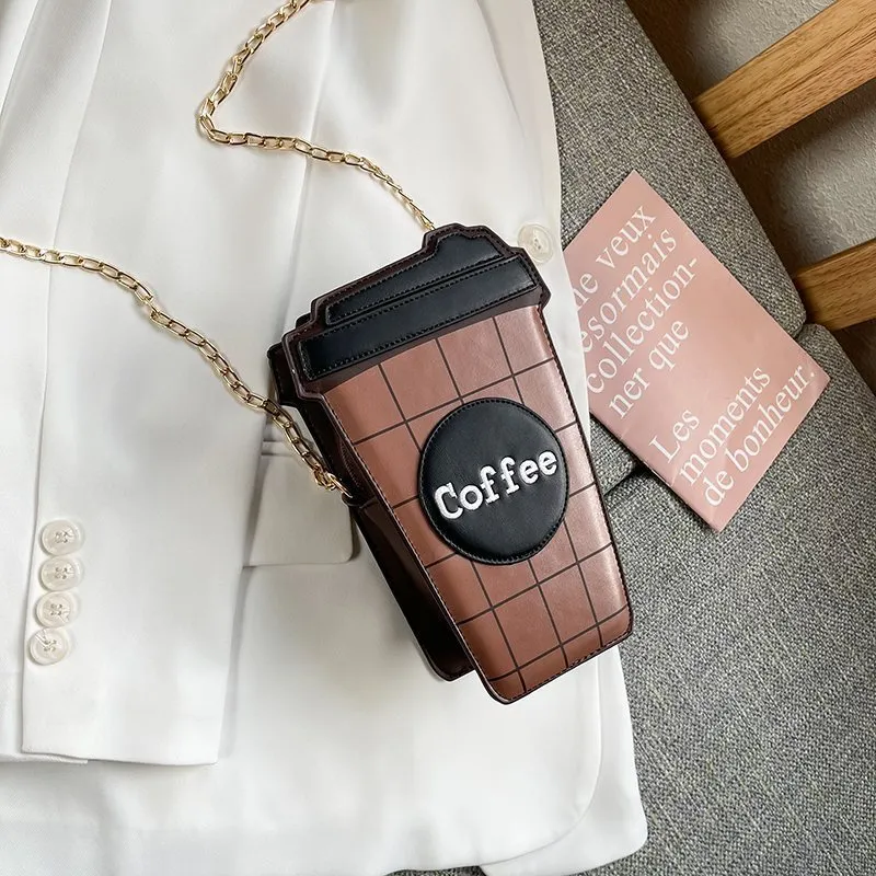 Women Fashion Funny Personalized Coffee PU Messenger Shoulder Bag with Letter Pattern Zipper Closure