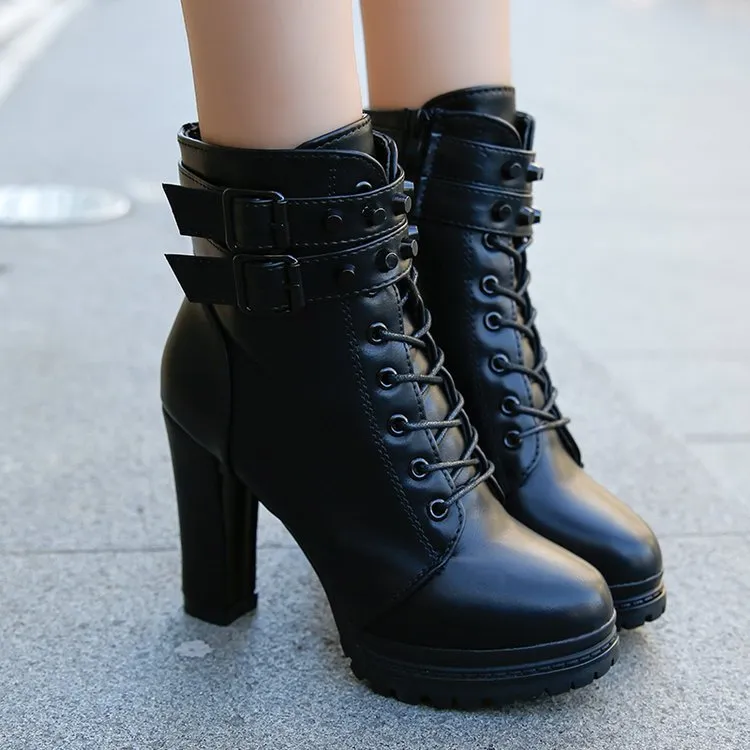 Fashion Lace-Up High Heel Ankle Boots for Women Winter