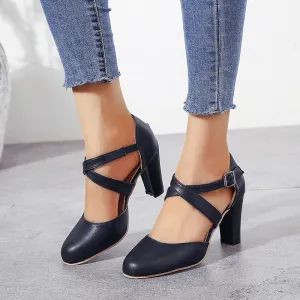 Vintage Simple Thick Heel Pumps Round Toe PU
