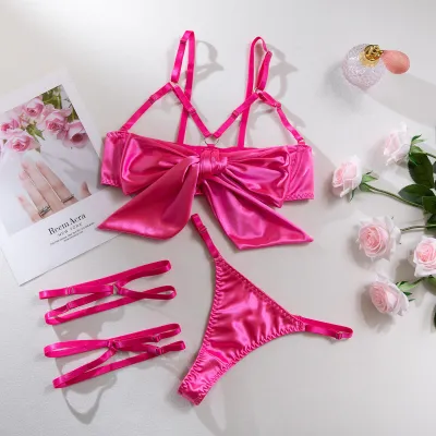 Women Sexy Solid Color Bow Lingerie Bra Set