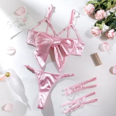 Women Sexy Solid Color Bow Lingerie Bra Set