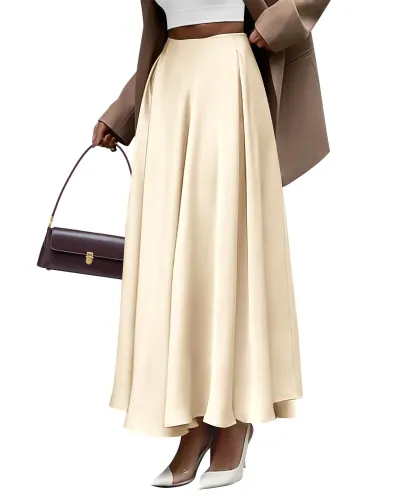 Women Plus Size High Waist Pleated Skirt, Solid Color Satin Long Dress Elegant Style