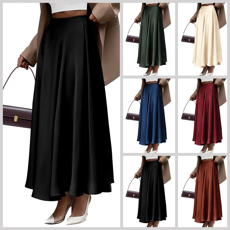 Women Plus Size High Waist Pleated Skirt, Solid Color Satin Long Dress Elegant Style