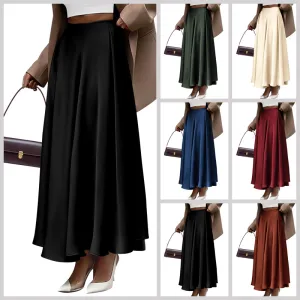 Women Plus Size High Waist Pleated Skirt, Solid Color Satin Long Dress Elegant Style
