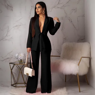 Women Fashion Casual Deep V Lace-Up Long Sleeve Blazer Jacket Wide Leg Pants Two-Piece Set