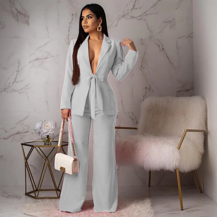 Women Fashion Casual Deep V Lace-Up Long Sleeve Blazer Jacket Wide Leg Pants Two-Piece Set