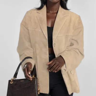 Women Retro Brown Loose Fit Long Sleeve Blazer Coat