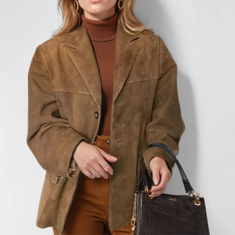 Women Retro Brown Loose Fit Long Sleeve Blazer Coat