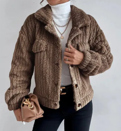 Women Autumn Winter Lapel Thickened Plush Jacket