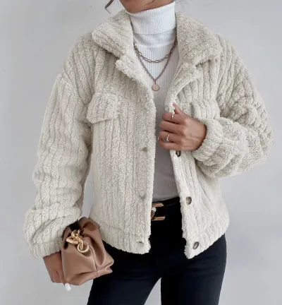 Women Autumn Winter Lapel Thickened Plush Jacket