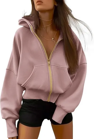 Women's Zip-Up Hooded Cardigan Sweatshirt Jacket - Polar Fleece, Long Sleeve, High Waist, Japanese Korean Leisure Style