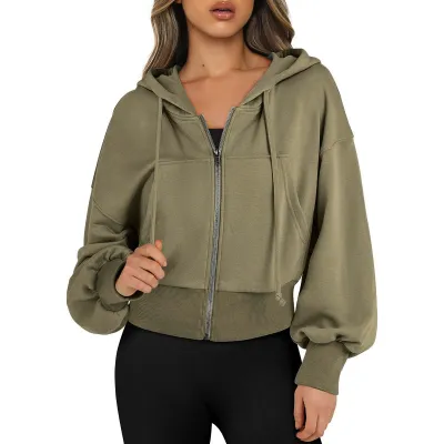Women Casual Hooded Pullover Sweatshirt Full Zip Cardigan