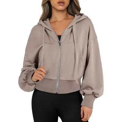 Women Casual Hooded Pullover Sweatshirt Full Zip Cardigan