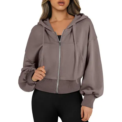 Women Fashion Hoodie Full Zip Short Sweatshirt Casual Hooded Pullover Sweatshirt