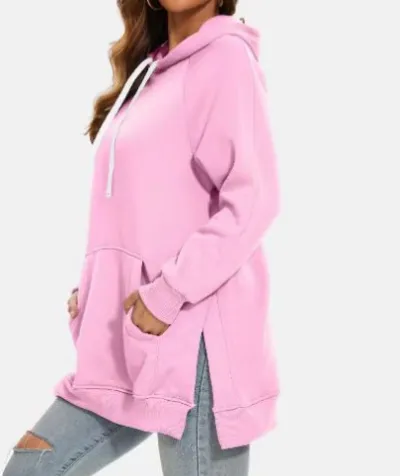 Women Autumn Winter Solid Color Hooded Split Shoulder Fleece-Lined Pullover Sweatshirt