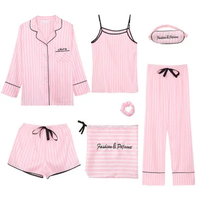 Women Mulberry Silk Ice Silk Luxury Stripe Printed Pajamas Seven-Piece Set