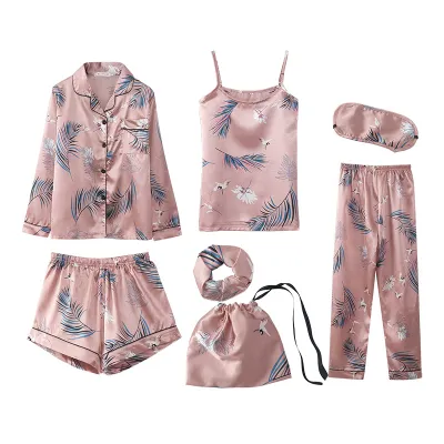 Women Mulberry Silk Ice Silk Luxury Stripe Printed Pajamas Seven-Piece Set