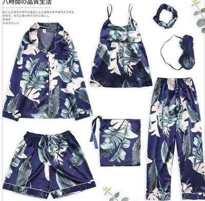 Women Mulberry Silk Ice Silk Luxury Stripe Printed Pajamas Seven-Piece Set