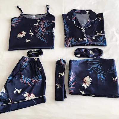 Women Mulberry Silk Ice Silk Luxury Stripe Printed Pajamas Seven-Piece Set