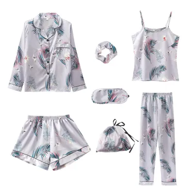 Women Mulberry Silk Ice Silk Luxury Stripe Printed Pajamas Seven-Piece Set