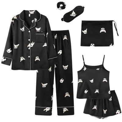 Women Mulberry Silk Ice Silk Luxury Stripe Printed Pajamas Seven-Piece Set