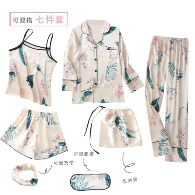 Women Mulberry Silk Ice Silk Luxury Stripe Printed Pajamas Seven-Piece Set