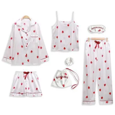 Women Mulberry Silk Ice Silk Luxury Stripe Printed Pajamas Seven-Piece Set