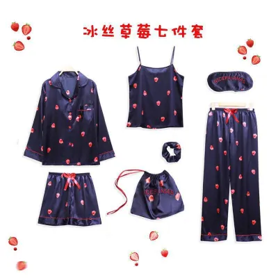 Women Mulberry Silk Ice Silk Luxury Stripe Printed Pajamas Seven-Piece Set