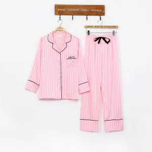 Women Mulberry Silk Ice Silk Luxury Stripe Printed Pajamas Seven-Piece Set