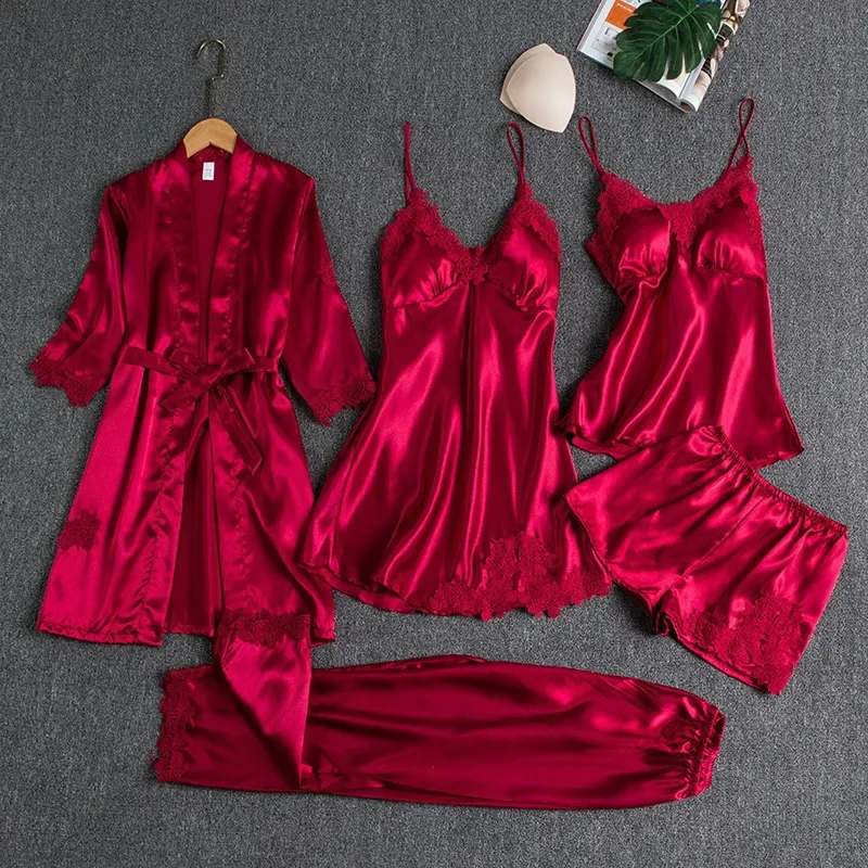 Women Summer Ice Silk Sexy Solid Color Lace Long Sleeve Nightgown Pajama Set