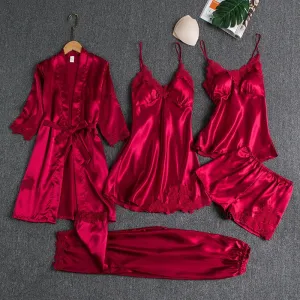 Women Summer Ice Silk Sexy Solid Color Lace Long Sleeve Nightgown Pajama Set