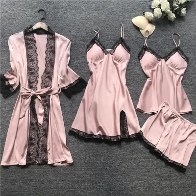 Women's Sexy Solid Color Four-Piece Sling Pajamas Set