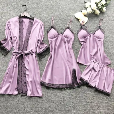 Women's Sexy Solid Color Four-Piece Sling Pajamas Set