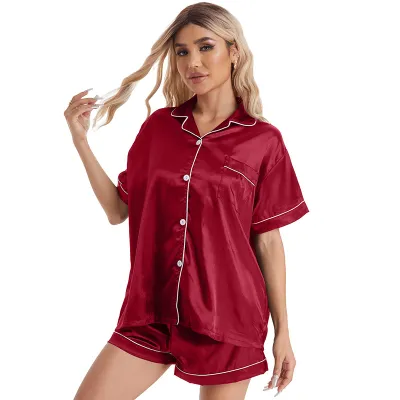 Women's Simple Silk Imitation Casual Lapel Short Sleeve Pajama Set