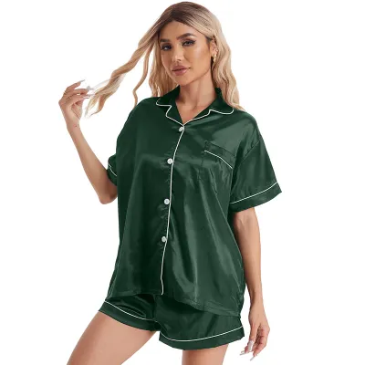 Women's Simple Silk Imitation Casual Lapel Short Sleeve Pajama Set