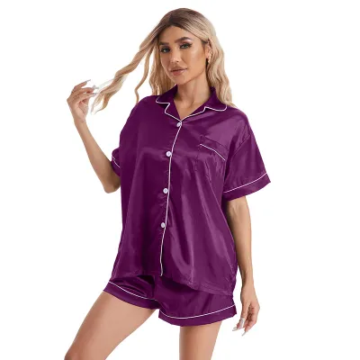 Women's Simple Silk Imitation Casual Lapel Short Sleeve Pajama Set