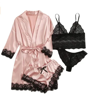 Sexy Women Lace Splicing Straps Long Sleeves Home Pajamas Four-Piece Set