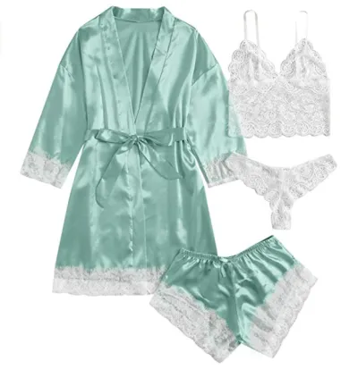 Sexy Women Lace Splicing Straps Long Sleeves Home Pajamas Four-Piece Set
