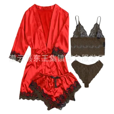 Sexy Women Lace Splicing Straps Long Sleeves Home Pajamas Four-Piece Set