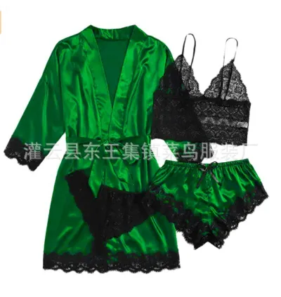 Sexy Women Lace Splicing Straps Long Sleeves Home Pajamas Four-Piece Set