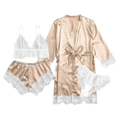 Sexy Women Lace Splicing Straps Long Sleeves Home Pajamas Four-Piece Set