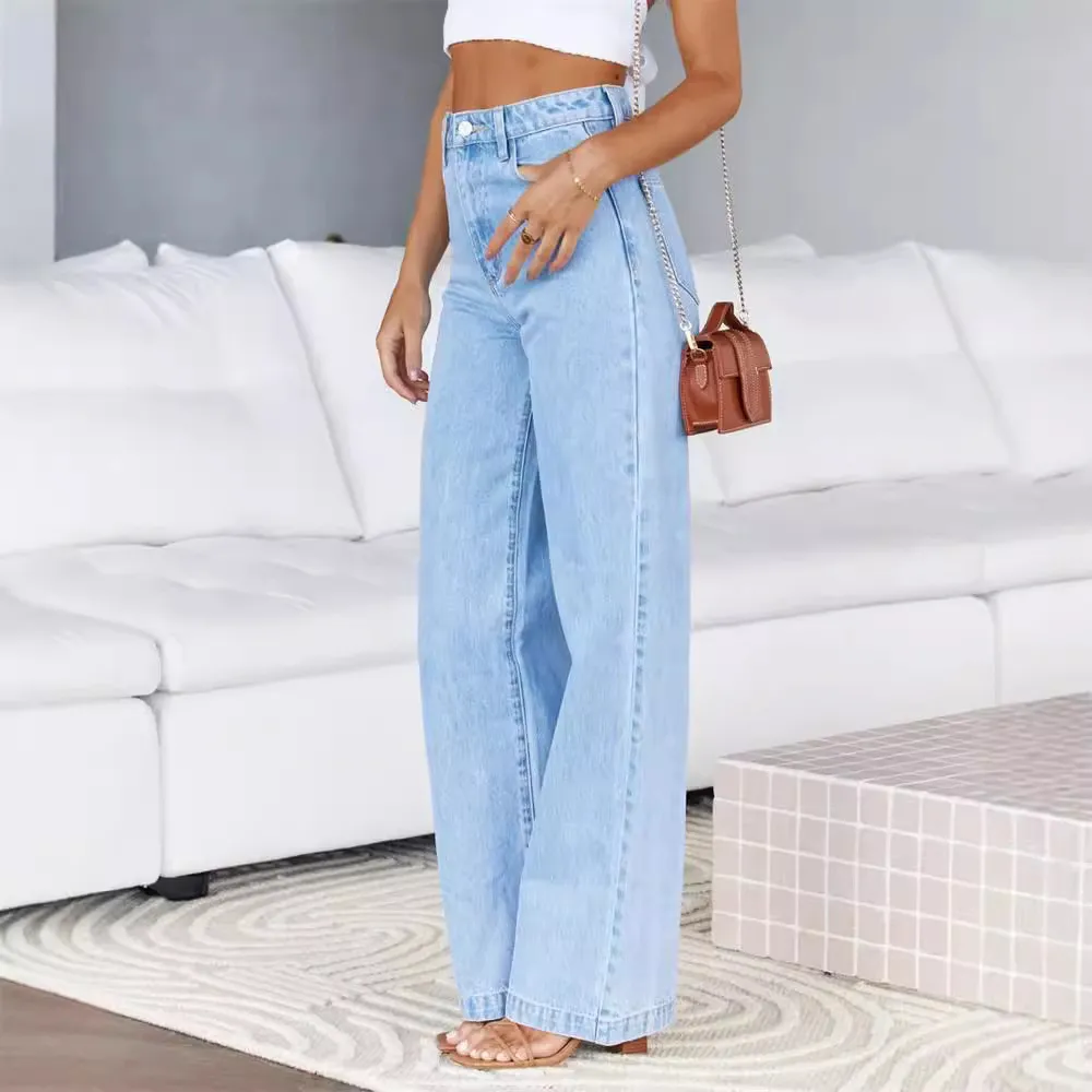 Women Casual High Waist Stretch Straight Wide Leg Jeans