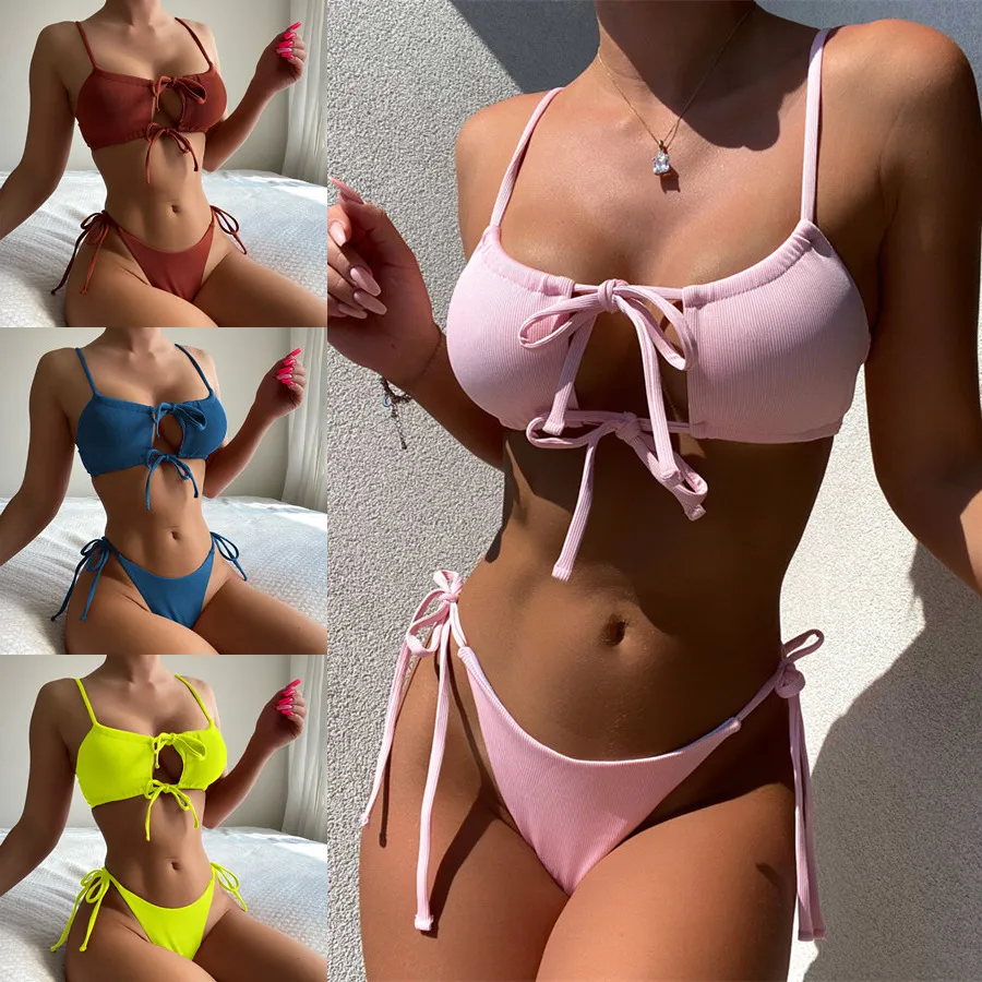 Women Fashion Sexy Solid Color Hollow Strap Bikini Swimsuit Set