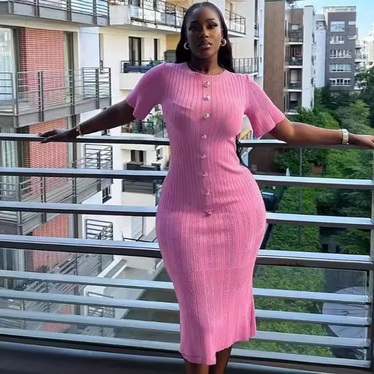 Women's Knitted Hip Dress Summer Round Neck Short Sleeve Elegant Midi
