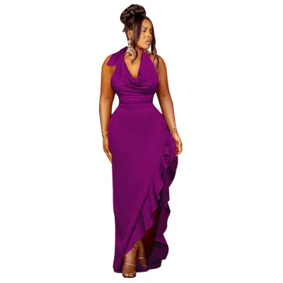 Women Sexy Backless Ruffled Halter Neck Dress