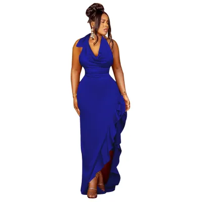 Women Sexy Backless Ruffled Halter Neck Dress