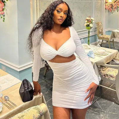 Women Nightclub Sexy Hollow Out Pleated Long Sleeve Backless Dress